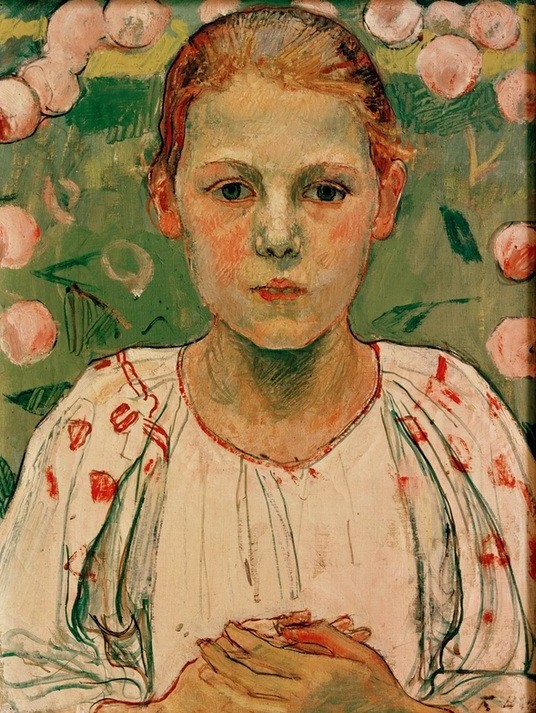 Ferdinand Hodler, Mädchenbildnis der Baronin von Bach (Jugendstil,Kind,Mädchen,Mensch,Portrait,Bluse,Schweizerische Kunst,Blume,Blüte,Händefalten,Jahrhundertwende)