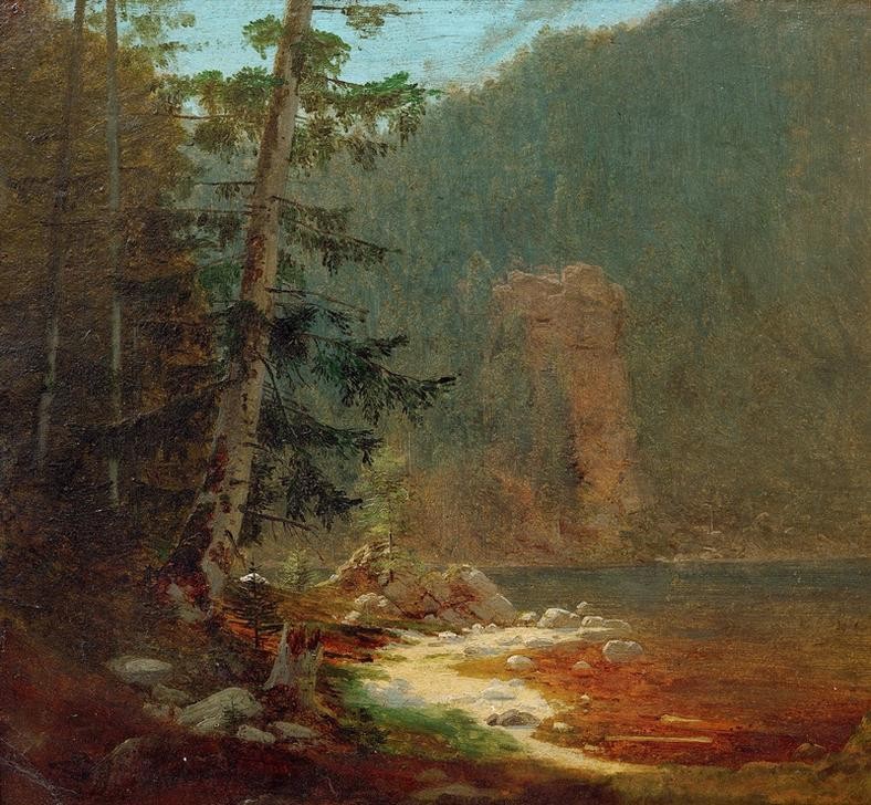 Carl Spitzweg, Felsenschlucht mit Bachlauf in der Nähe von Lenggries (Deutsche Kunst,Gebirge,Gewässer,Landschaft,Wald,Schlucht,Felsen,Bach,Romantik)