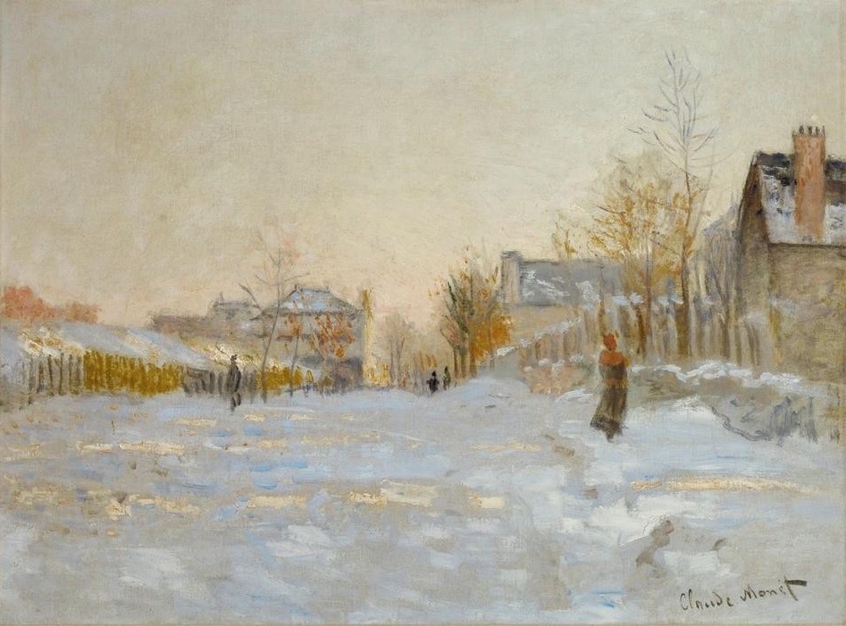 Claude Monet, La neige à Argenteuil (Haus,Jahreszeiten,Landschaft,Strasse (Allgemein),Wetter,Winter,Impressionismus,Schnee,Stadtansicht,Französische Kunst,Fussgänger,Fussgängerin)