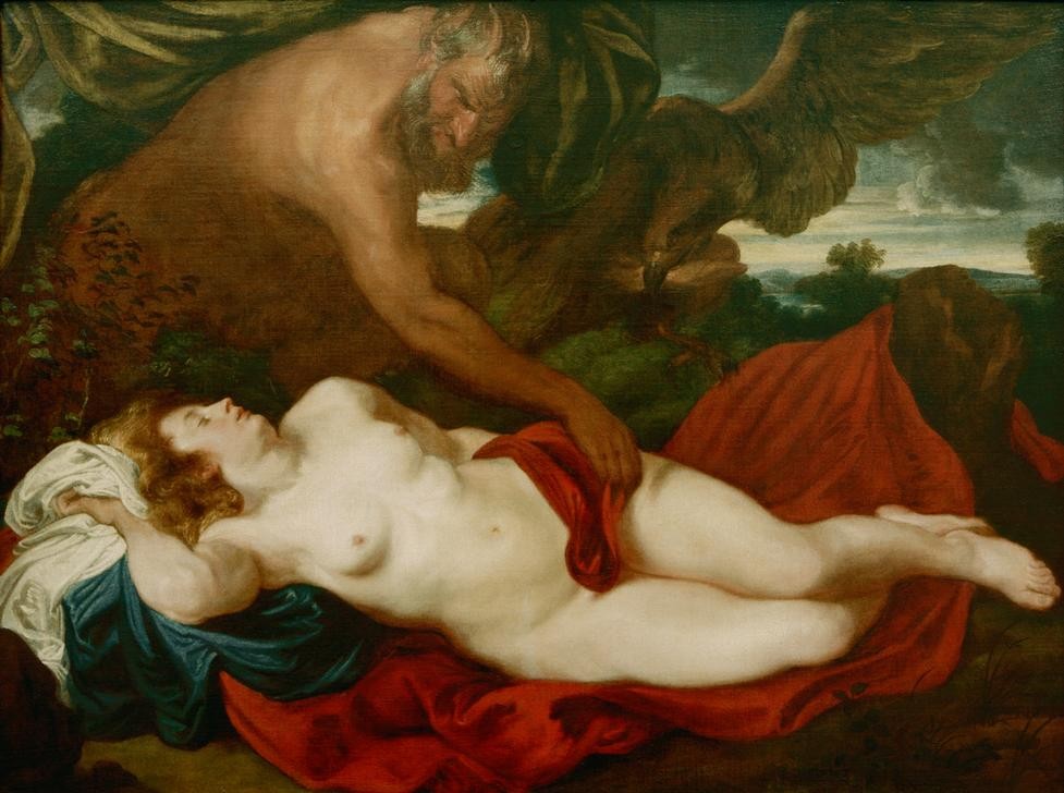 Anthonis van Dyck, Jupiter als Satyr bei Antiope (Mythologie, Erotik, Satyr, Nymphe, Götter, Zeus, Metamorphose, Verführung,  Adler, Barock, Klassiker, Wunschgröße, Wohnzimmer)
