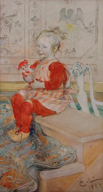 Carl Larsson, Lisbeth (Illustrator,Jugendstil,Kindermode,Kind,Mädchen,Maler (Künstler),Mode,Puppe (Gegenstand),Spielzeug,Strumpf,Kleinkind,Portrait,Tochter,Schürze,Schwedische Kunst,Lächeln,Sitzen,Streifen,Ganzfigurig,Pausbacken,Person,Fröhlichkeit)