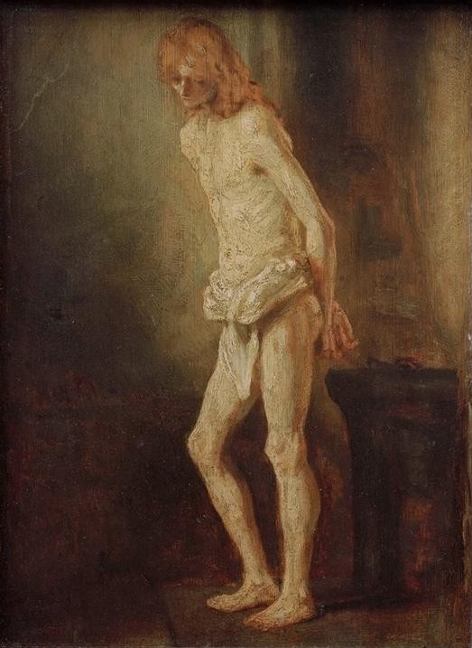 Rembrandt Harmenszoon van Rijn, Christus an der Geißelsäule (Christentum,Kunst,Mann,Religion,Akt,Neues Testament,Bibel,Schmerzensmann,Niederländische Kunst,Geisselung,Holländische Kunst,Passion Christi,Halbakt)
