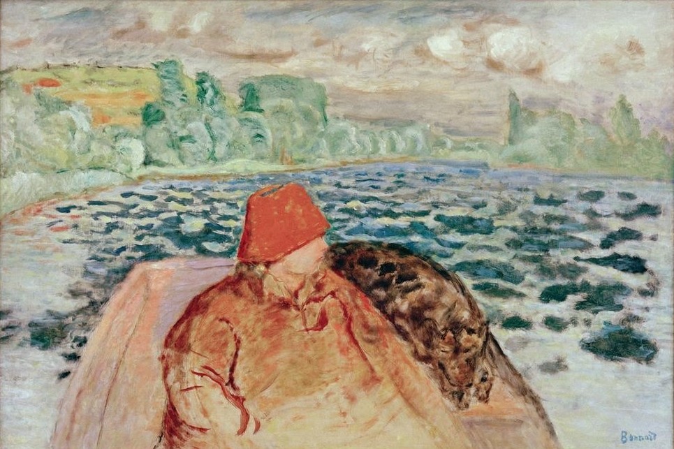 Pierre Bonnard, En Canot (Bootspartie,Dackel,Dampferfahrt,Kunst,Landschaft,Freizeit,Hund,Fluss,Reise,Künstlerfrau,Französische Kunst,Frau Und Tier,Nabis)