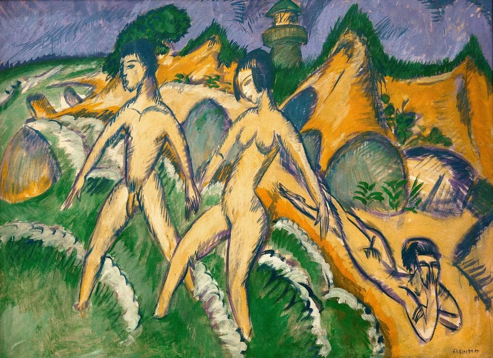 Ernst Ludwig Kirchner, Ins Meer Schreitende (Deutsche Kunst,Freikörperkultur,Frau,Kunst,Landschaft,Liebespaar,Mann,Freizeit,Seebad,Strand,Meer,Akt,Expressionismus,Reise,Die Brücke,Paar)