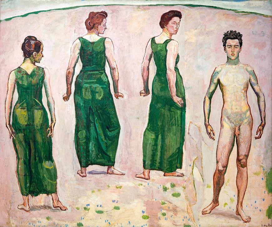 Ferdinand Hodler, Jüngling vom Weibe bewundert II (Erotik,Jugendstil,Kunst,Liebe,Mann,Mensch,Sehnsucht (Gefühl),Schönheit,Symbolismus,Akt,Libido,Jüngling,Schweizerische Kunst,Bewunderung)