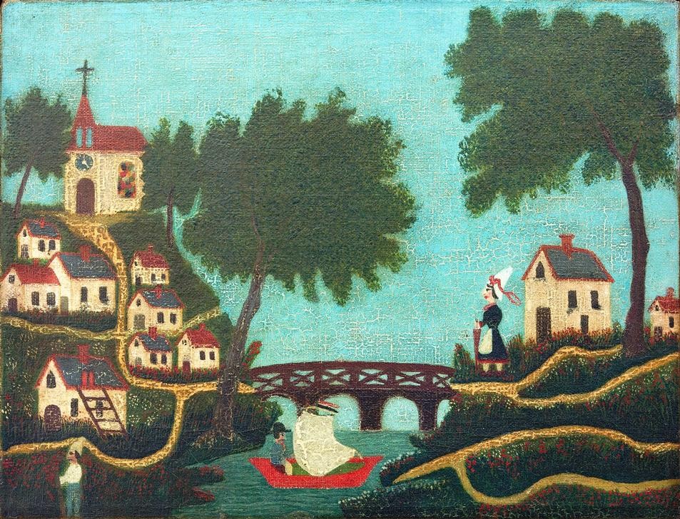 Henri Rousseau, Paysage, le pont (Brücke, Dorf, Kirche, Kunst, Landschaft, Naive Malerei, Wunschgröße, Wohnzimmer, Treppenhaus, Malerei, klassische Moderne, bunt)