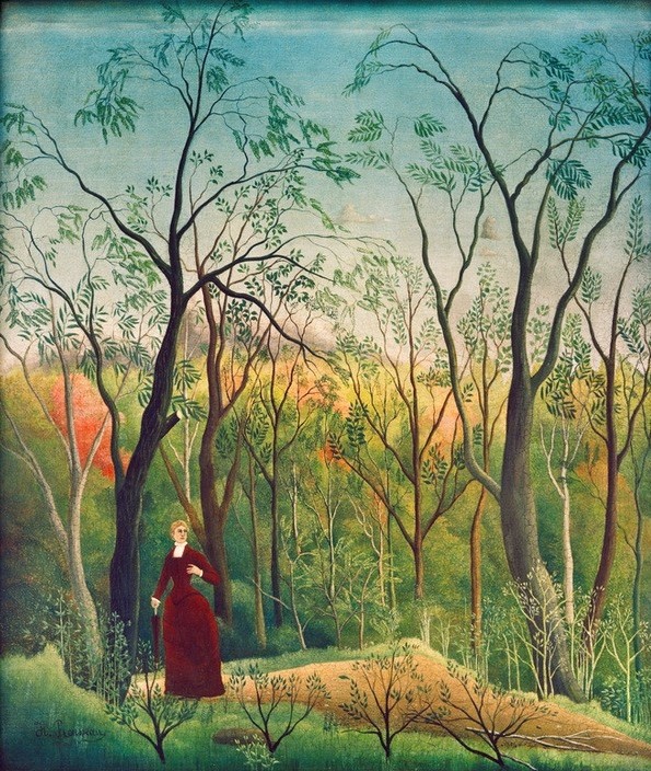 Henri Rousseau, La Promenade dans la fôret (Frau Landschaft, Freizeit, Spaziergang, Wald, Einsamkeit, Erwartung, Naive Malerei, Wunschgröße, Wohnzimmer, Treppenhaus, Malerei, klassische Moderne, bunt)