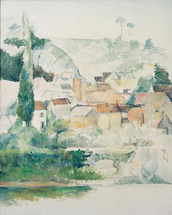 Paul Cézanne, Médan, château et village (Dorf,Geographie,Landschaft,Schloss,Stadt,Impressionismus,Architekturdarstellung,Französische Kunst,Topographie,Unvollendet)