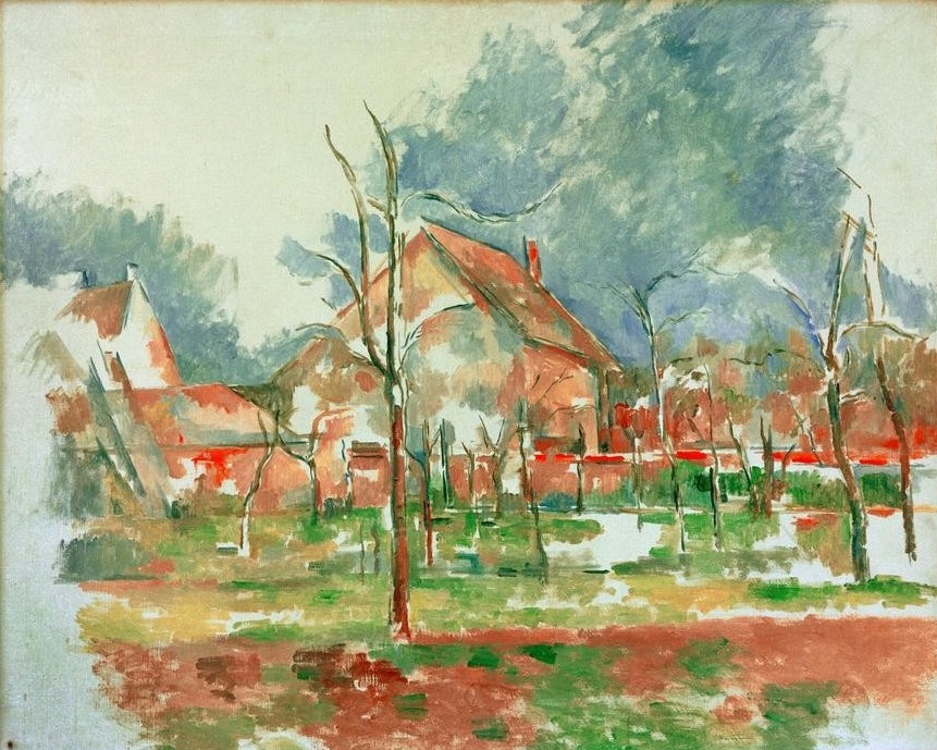 Paul Cézanne, Paysage d’hiver – Giverny (Jahreszeiten,Landschaft,Winter,Impressionismus,Architekturdarstellung,Französische Kunst,Unvollendet)