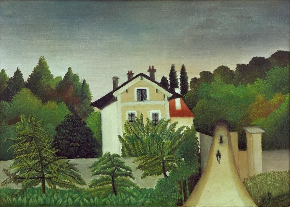 Henri Rousseau, Paysage pris sur les bords de l’Oise, territoire de Chaponv (Haus,  Landschaft, Villa, Fluss, Ufer, naive Malerei, Wunschgröße, Wohnzimmer, Treppenhaus, Malerei, klassische Moderne, bunt)