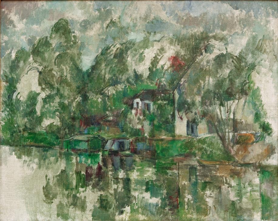 Paul Cézanne, Au bord de l’eau (Gewässer,Haus,Landschaft,Impressionismus,Spiegelung,Architekturdarstellung,Französische Kunst)