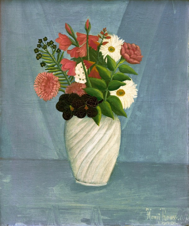 Henri Rousseau, Bouquet des fleurs (Stillleben, Blumenstrauss, Vase,naive Malerei, Wunschgröße, Wohnzimmer, Treppenhaus, Malerei, Esszimmer, klassische Moderne, bunt)