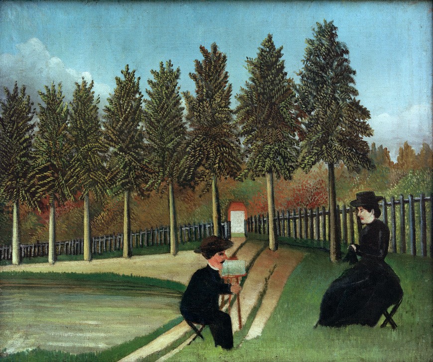 Henri Rousseau, Le Peintre et sa femme (Ehepaar, Künstler und Modell, Künstler, Künstlerfrau, Persönlichkeiten, Freiluftmalerei, naive Malerei, Wunschgröße, Wohnzimmer, Treppenhaus, Malerei, klassische Moderne, bunt)