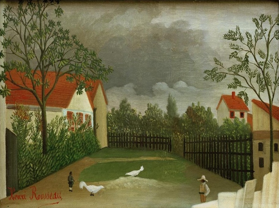 Henri Rousseau, La Basse-Cour (Bauernhof, Dorf, Geflügelzucht, Hühner, Gartenzaun, Landwirtschaft, naive Malerei, Wunschgröße, Wohnzimmer, Treppenhaus, Malerei, klassische Moderne, bunt)