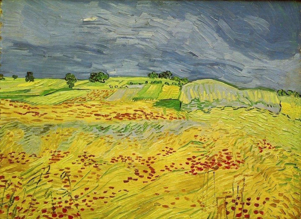 Vincent van Gogh, Weizenfeld mit Gewitterhimmel (Getreideanbau,Gewitter,Kunst,Landschaft,Meteorologie,Weizen,Mohn,Getreide,Ebene,Niederländische Kunst,Feld,Holländische Kunst,Getreidefeld,Blume,Landwirtschaft)