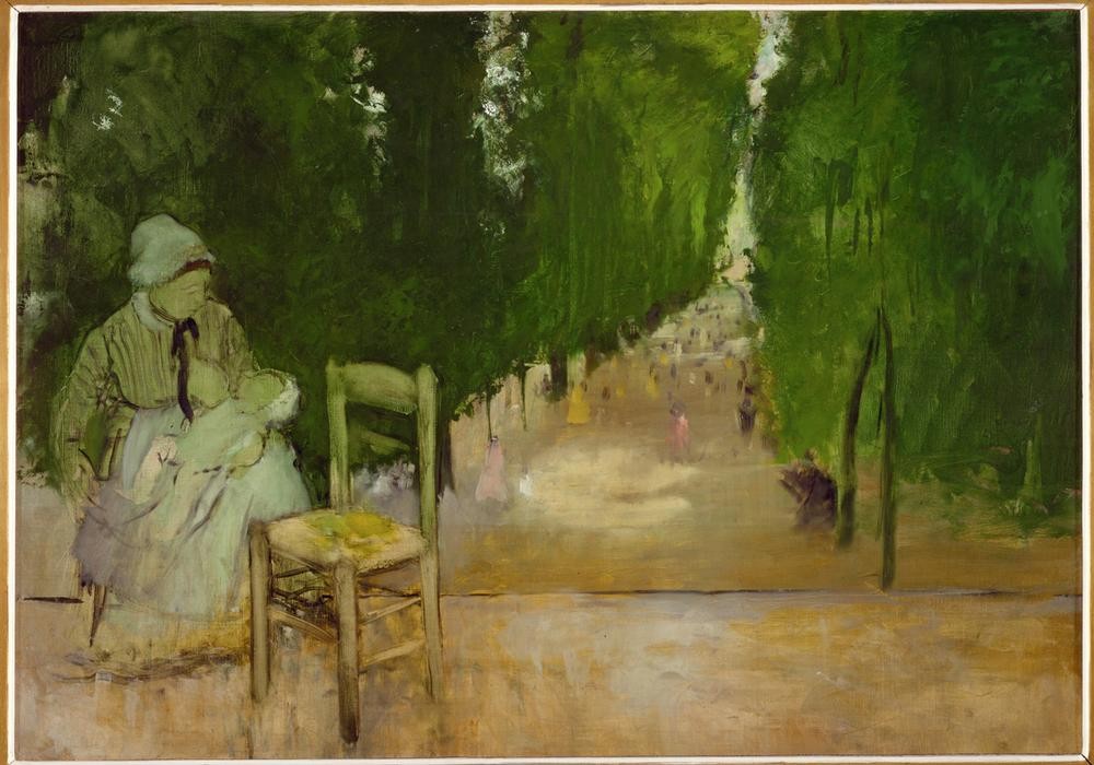 Edgar Degas, Une nourrice au jardin du Luxembourg (Allee,Baby,Geburt,Kind,Kunst,Medizin,Menschen Im Park,Möbel,Park,Säuglingsschwester,Stadtpark,Impressionismus,Stillen,Amme,Stadtansicht,Französische Kunst,Kindermädchen,Sessel,Stuhl,Boulevard)