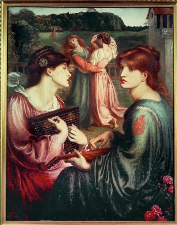 Dante Gabriel Rossetti, The Bower Meadow (Frau,Konzert,Laute,Musik,Saiteninstrument,Tänzer,Tanz,Schönheit,Instrument,Allegorie,Melancholie,Präraffaeliten,Englische Kunst,Im Freien (Allgemein),Rote Haare,Viktorianische Kunst,Musikerin,Frisur)