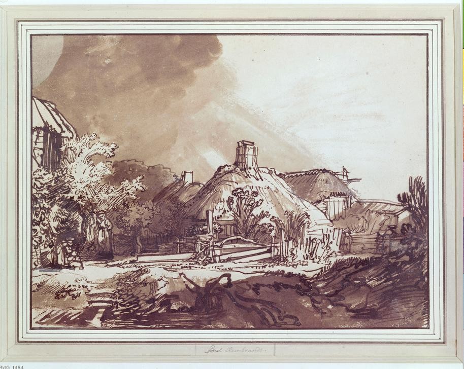 Rembrandt Harmenszoon van Rijn, Häuser unter gewittrigem Himmel (Dach,Dorf,Gewitter,Kunst,Landschaft,Meteorologie,Regen,Wetter,Barock,Baum,Niederländische Kunst,Donner,Holländische Kunst,Himmelreich,Sturm,Balken)