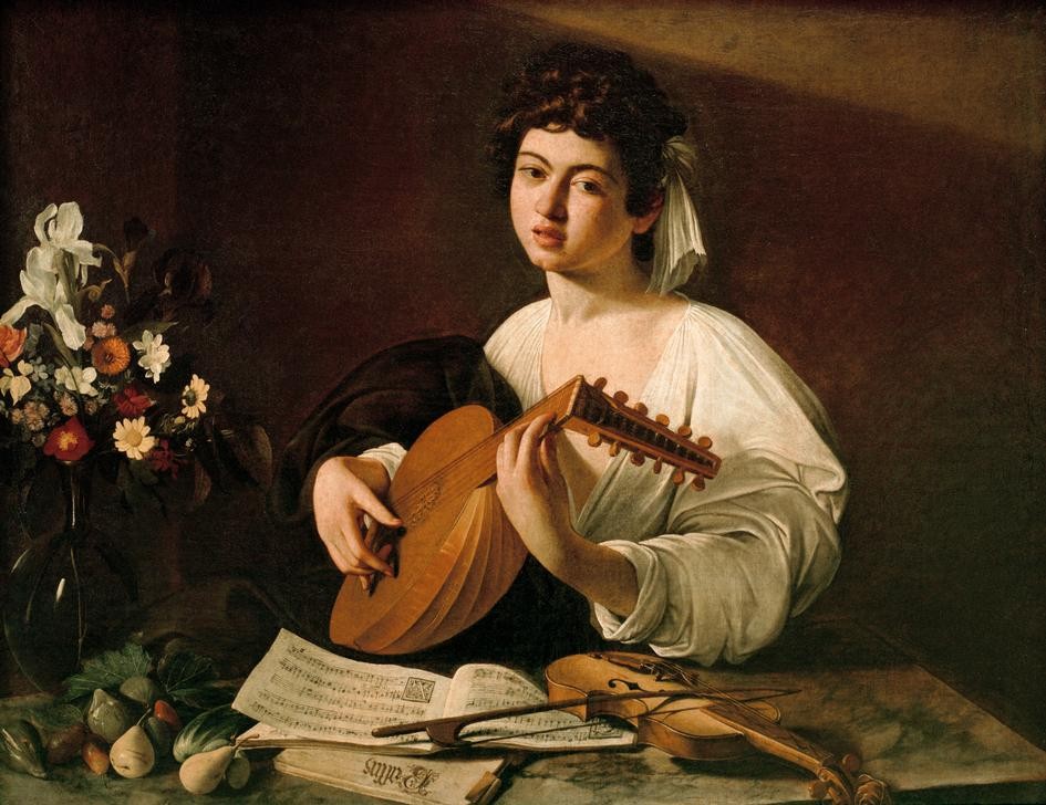 Caravaggio, Der Lautenspieler (Gesang, Jüngling, Jugend,  Laute, Musik, Noten, Saiteninstrument Geige, Instrumente, Knickhalslaute, Stilleben, Blumen, Hell-Dunkel, Barock, Klassiker, Malerei, Wunschgröße, Wohnzimmer)