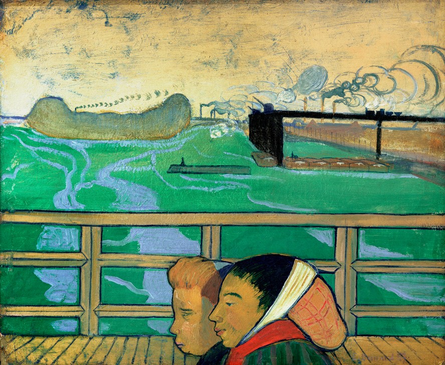 Emile Bernard, Blick von der Brücke in Asnières (Brücke, Landschaft, Menschen, Köpfe, Spaziergang, Fluss, Seine, Malerei, Cloisonismus, Klassische Moderne, Wohnzimmer, Wunschgröße, bunt)