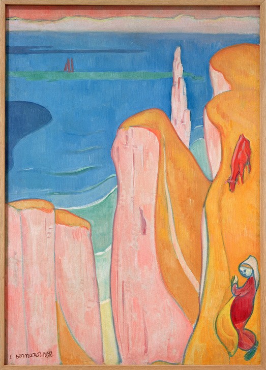 Emile Bernard, Die Steilküste von Yport (Küste, Landschaft, Meer,  Steilküste, Felsen klippen,  Normandie, Cloisonismus, Klassische Klassische Moderne,  Wohnzimmer, Wunschgröße, bunt)