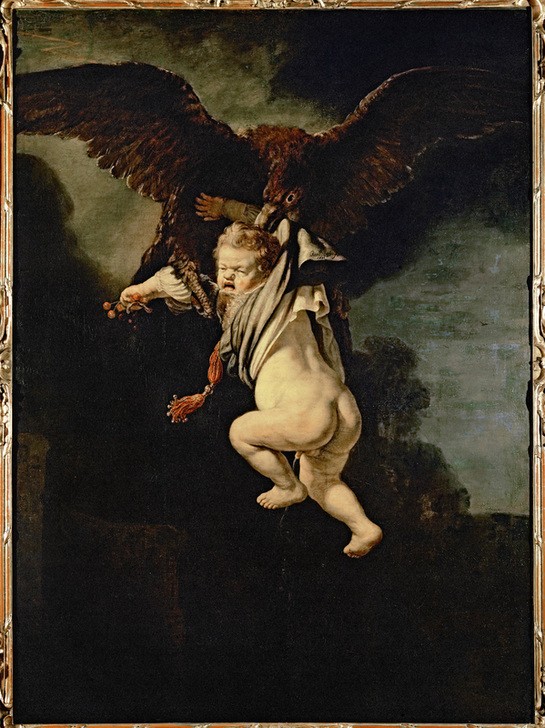 Rembrandt Harmenszoon van Rijn, Ganymed in den Fängen des Adlers (Adler,Fettleibigkeit,Kind,Mythologie,Entführung,Barock,Götterliebschaften,Niederländische Kunst,Urinieren,Holländische Kunst,Schrei,Pädophilie,Kindesentführung,Griechisch-Römische Mythologie)