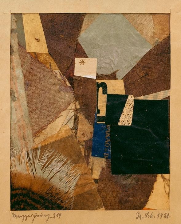 Kurt Schwitters, Merzzeichnung 219 (Abstraktion, Collage, Textilschnitte, Fransen, Papierschnipsel, Dadaismus, Merzbilder,  Wohnzimmer, Wunschgröße,)