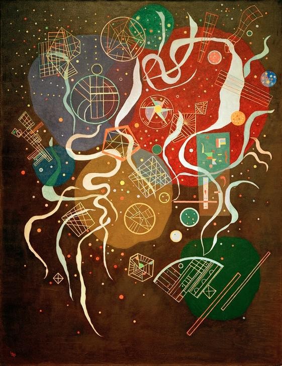 Wassily Kandinsky, Bewegung I (Wunschgröße, Klassische Moderne, Malerei, abstrakte Kunst, geometrische Formen, abstrakte Muster, Kreise, Linien, Bögen, Farbflächen, Wohnzimmer, Büro, Arztpraxis, bunt)