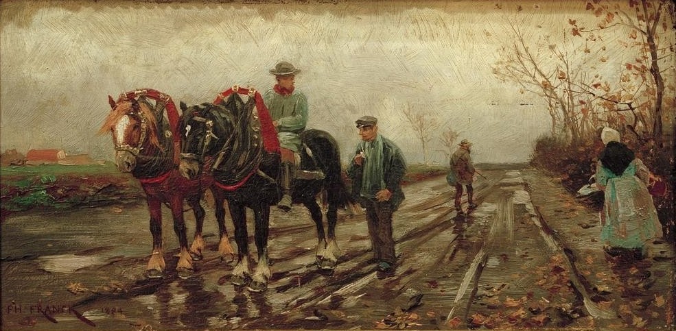 Philipp Franck, Pferdegespann (Bauer (Landwirt),Deutsche Kunst,Jahreszeiten,Kunst,Landstrasse,Pferd (Tier),Frühling,Landleben,Landbevölkerung,Pferdegespann)