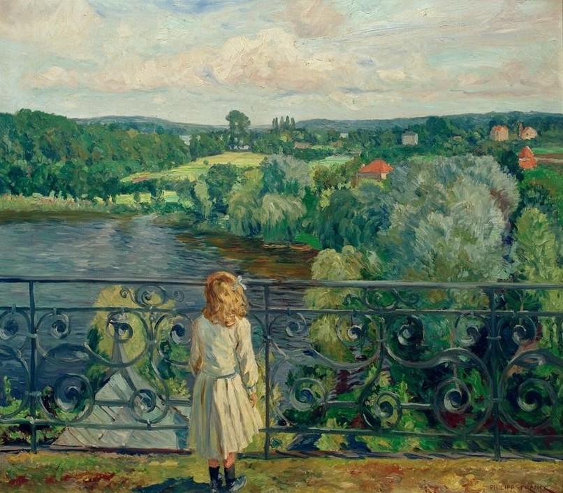 Philipp Franck, Auf der Terrasse (Deutsche Kunst,Kind,Kunst,Landschaft,Mädchen,Terrasse,Impressionismus,See,Rückenfigur,Berliner Sezession,Jahrhundertwende,Aussicht)