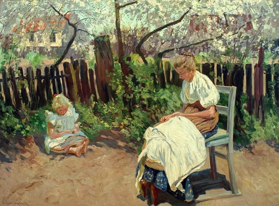 Philipp Franck, Frühlingssonne (Baumblüte,Deutsche Kunst,Dorf,Frau,Garten Und Park,Handarbeit,Jahreszeiten,Kind,Kunst,Landschaft,Mädchen,Menschen Im Park,Mutter Und Kind,Impressionismus,Frühling,Hausfrau,Mutter,Mutter Und Tochter,Nähen,Gartenzaun,Im Freien (Allgemein),Berliner Sezession)