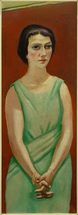 Max Beckmann, Bildnis Elsebt Götz (Persönlichkeiten, Portrait, Dreiviertelportrait, stehende Frau, grünes Kleid, Eleganz, Melancholie, Expressionismus, Mensch und Gesellschaft, Wunschgröße, Wohnzimmer, bunt)