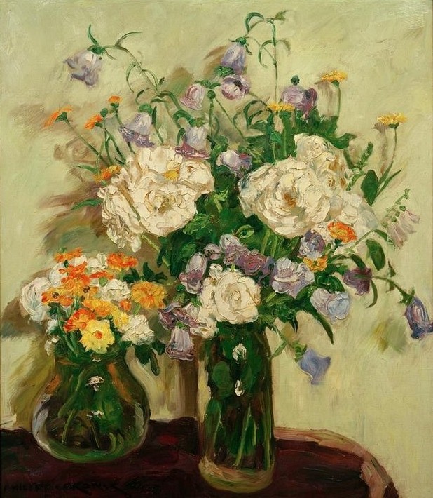 Philipp Franck, Zwei Sträuße (Botanik,Deutsche Kunst,Kunst,Impressionismus,Stillleben,Blumenstrauss,Vase,Blume,Glasvase)