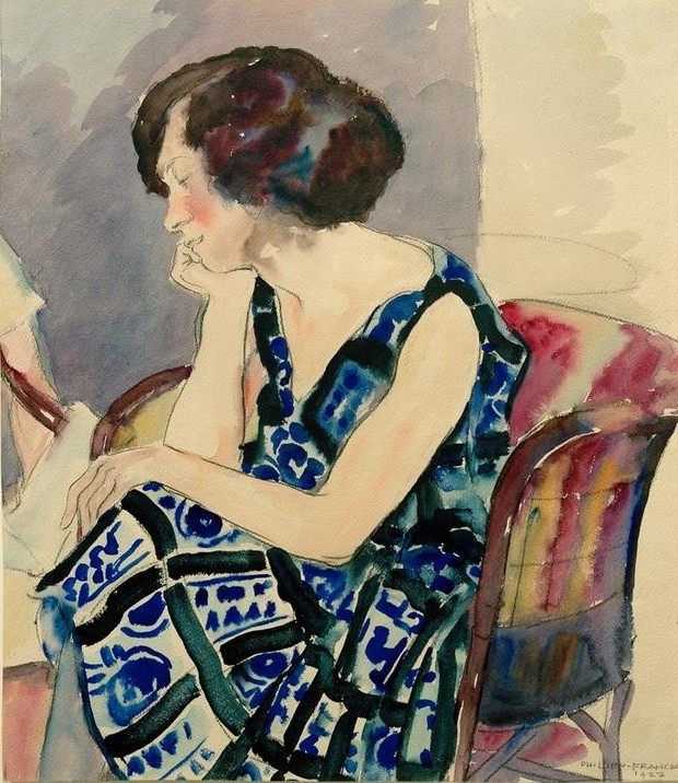 Philipp Franck, Schwiegertochter Hanni (Deutsche Kunst,Frau,Kunst,Mensch,Portrait,Kleid,Sessel,Schwiegertochter,Profil,Sitzen,Junge Frau,Kopf Stützen,Gemustert)