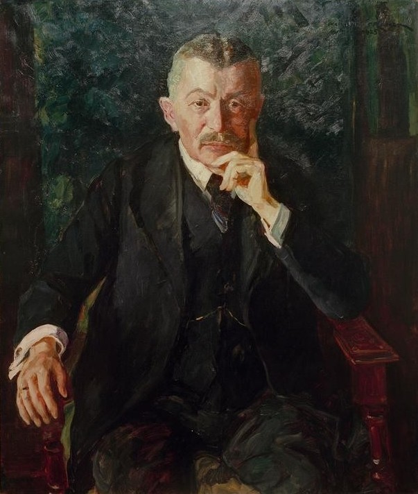 Philipp Franck, Porträt des Geheimrats Prof. Paul Straßmann (Arzt,Deutsche Kunst,Frauenarzt,Kunst,Mann,Mediziner,Medizin,Geburtshilfe,Alter,Impressionismus,Bart,Schnurrbart,Portrait,Anzug,Professor,Gynäkologie,Alter Mann,Sitzen,Mittelscheitel,Kniestück,Geheimrat,Person)