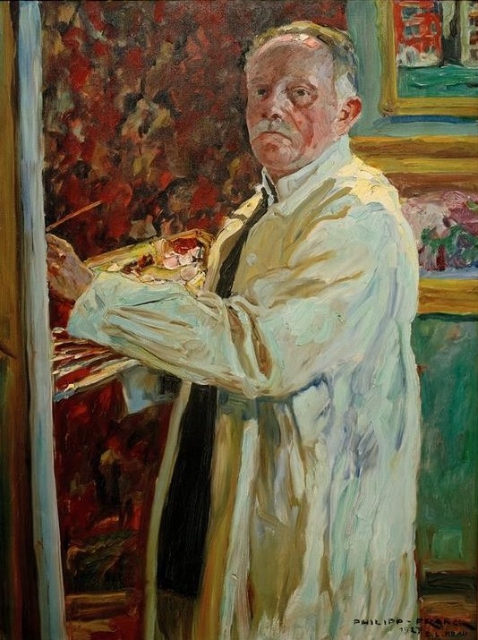 Philipp Franck, Selbstbildnis (Deutsche Kunst,Künstler,Kunst,Maler (Künstler),Mann,Alter,Staffelei,Impressionismus,Selbstbildnis,Künstler Bei Der Arbeit,Portrait,Palette,Kittel,Alter Mann,Blick Aus Dem Bild,Malerkittel,Person,Arbeitskleidung)