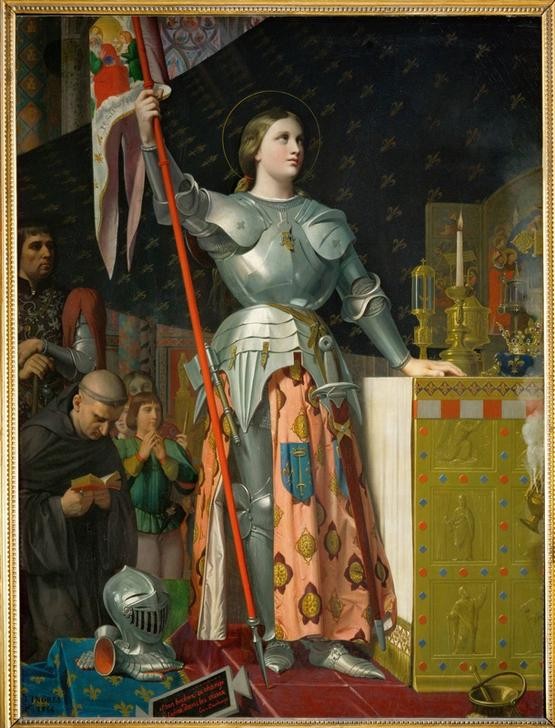 , Jeanne d’Arc bei der Krönung Karls VII. (Nationalheldin,Frau,Gebet,Geschichte,Heilige,Katholische Kirche,Kind,Krieg,Krönung,Kult,Militär,Rüstung (Schutzkleidung),Klassizismus,Heldin,Portrait,Frau Beim Militär,Hundertjähriger Krieg,Französische Kunst,Standarte,Heiligenschein,Ketzerin,Person,Fahne)