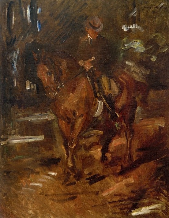 Lovis Corinth, Der Morgenritt (Deutsche Kunst,Kunst,Pferd (Tier),Freizeit,Sezession,Tageszeiten,Wald,Morgen,Impressionismus,Reiter,Reise,Berliner Sezession,Ausritt,Reiten,Männerleben)