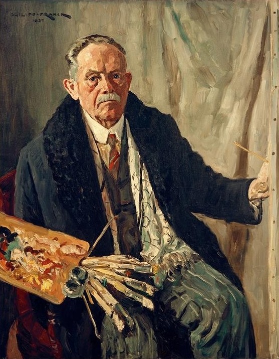 Philipp Franck, Selbstbildnis im Mantel (Deutsche Kunst,Künstler,Kunst,Maler (Künstler),Mann,Alter,Staffelei,Impressionismus,Selbstbildnis,Künstler Bei Der Arbeit,Portrait,Hausmantel,Palette,Pinsel,Alter Mann,Blick Aus Dem Bild,Person)