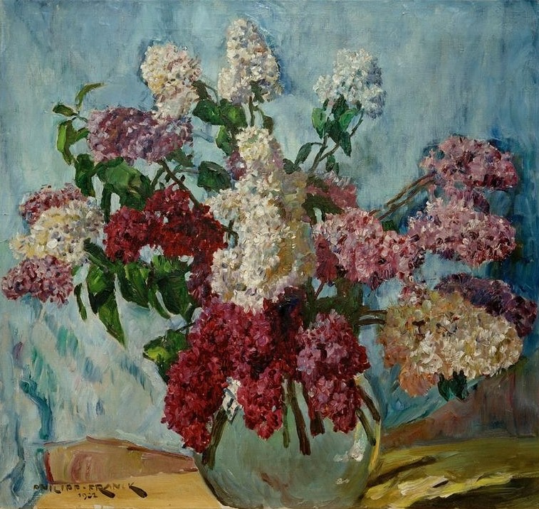 Philipp Franck, Flieder (Botanik,Deutsche Kunst,Kunst,Impressionismus,Stillleben,Flieder,Blumenstrauss,Vase,Blüte,Zweig,Glasvase)