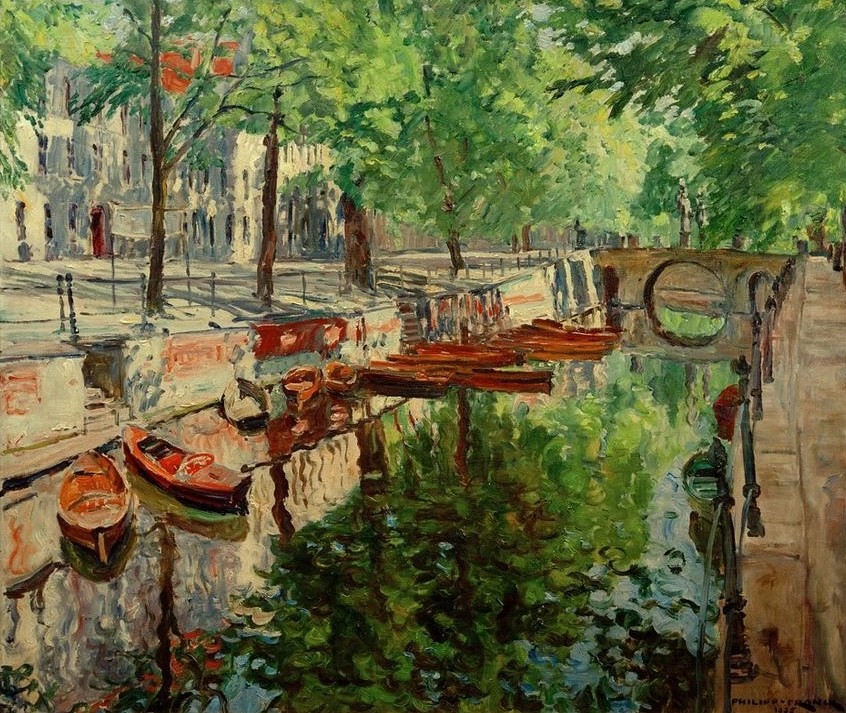 Philipp Franck, Potsdamer Kanal (Boot,Brücke,Deutsche Kunst,Geographie,Gewässer,Kanal,Kunst,Impressionismus,Spiegelung,Architekturdarstellung,Sonnenlicht,Topographie)