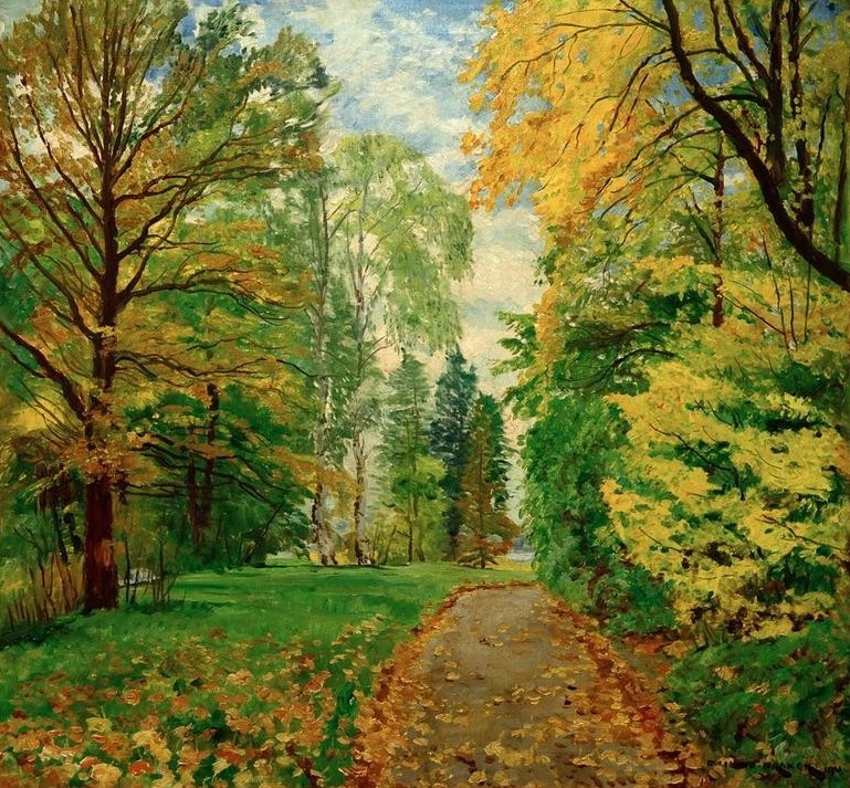 Philipp Franck, Ein Herbstweg (Deutsche Kunst,Herbst,Jahreszeiten,Kunst,Landschaft,Impressionismus,Weg,Laubbaum)