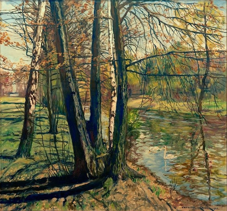 Philipp Franck, Frühling am Hasengraben (Deutsche Kunst,Gewässer,Graben (Bodenvertiefung),Jahreszeiten,Kanal,Kunst,Landschaft,Schwan (Tier),Impressionismus,Frühling,Birke,Ufer,Wasservogel)