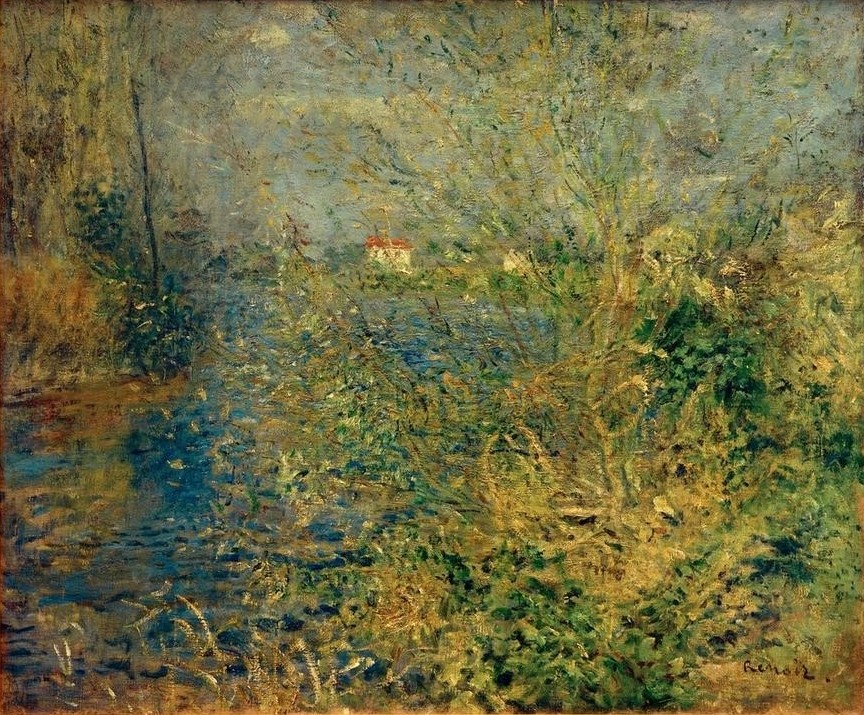 Pierre-Auguste Renoir, Seinelandschaft bei Argenteuil (Kunst,Landschaft,Impressionismus,Fluss,Französische Kunst,Strauch,Signatur)
