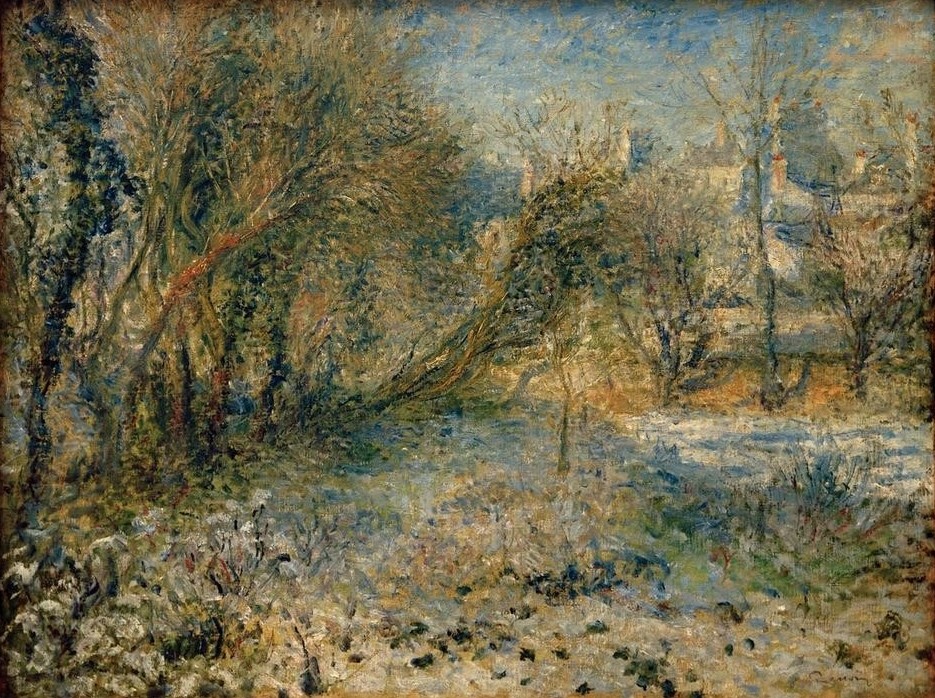 Pierre-Auguste Renoir, Schneelandschaft (Haus,Jahreszeiten,Kunst,Landschaft,Winter,Impressionismus,Schnee,Baum,Französische Kunst,Strauch,Sonnenlicht,Licht Und Schatten,Signatur)