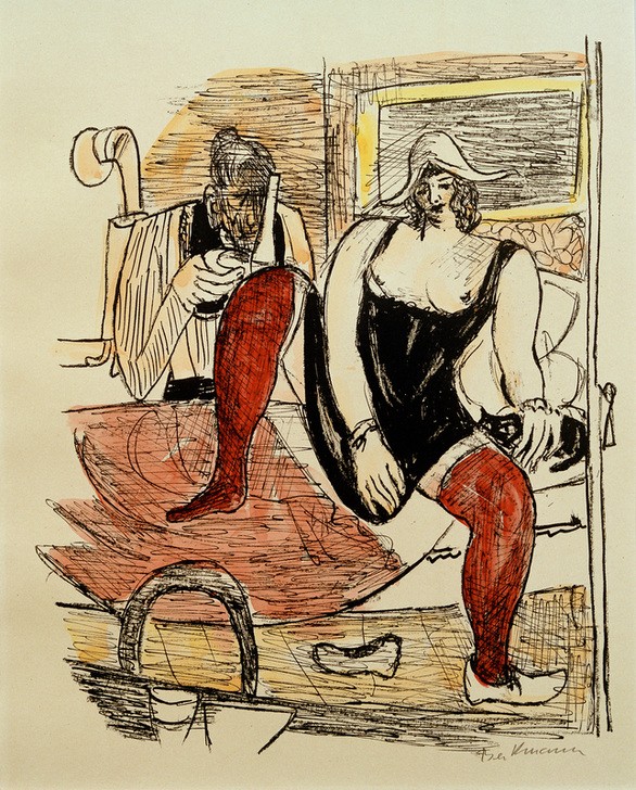 Max Beckmann, MORNING (Der Morgen) (Bett, Frau, Katze, Aufstehen, Mensch und Gesellschaft, Zeichnung, Grafik, Expressionismus, Klassische Moderne, Wunschgröße, Wohnzimmer, bunt)
