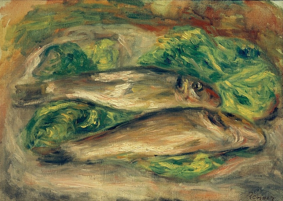 Pierre-Auguste Renoir, Die Fische (Kunst,Impressionismus,Nahrungsmittel,Fisch,Stillleben,Französische Kunst,Tier,Jahrhundertwende,Ecole De Paris,Signatur)