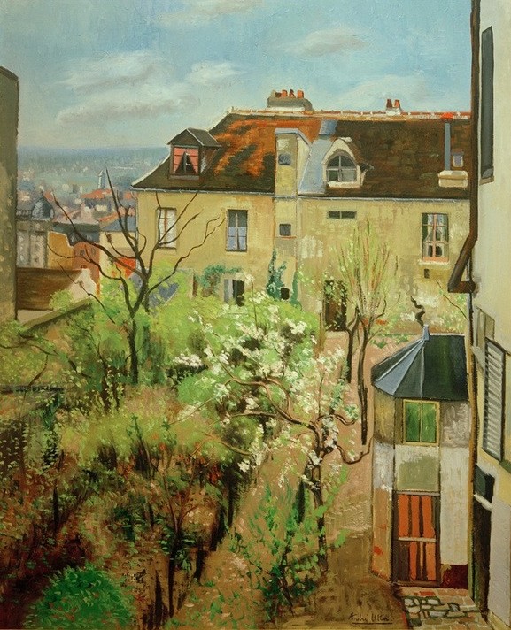 Andre Utter, Le jardin de la maison d'Utrillo (Gebäude, Häuser, Garten, Architektur, Wohnhaus, Klassische Moderne, gemäßigter Expressionismus, Naturalismus, Wunschgröße, Wohnzimmer)