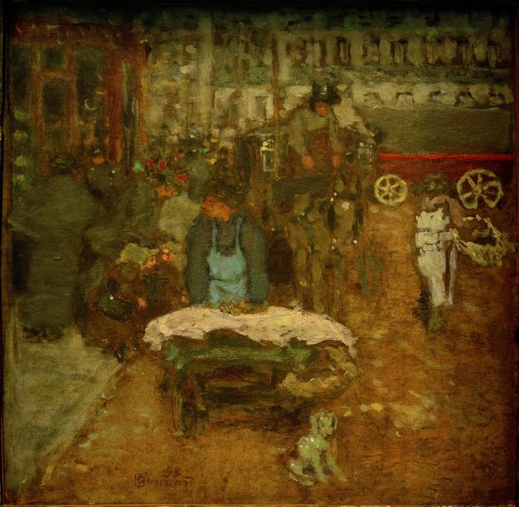 Pierre Bonnard, Sur le boulevard (Geographie,Gesellschaftliches Leben,Gesellschaft,Kutsche,Kunst,Pferdewagen,Strassenszene,Transport,Verkehr,Impressionismus,Grossstadt,Schubkarre,Französische Kunst,Fussgänger,Boulevard,Topographie,Passant,Passantin,Stadtleben,Promenade,Alltag)