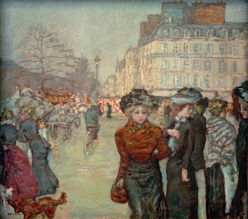 Pierre Bonnard, Place Clichy (Frau,Geographie,Strassenszene,Verkehr,Platz,Impressionismus,Grossstadt,Französische Kunst,Fussgänger,Stadtverkehr,Frauenleben,Tier,Nabis,Topographie,Passantin,Fussgängerin,Stadtleben,Fuhrwerk)